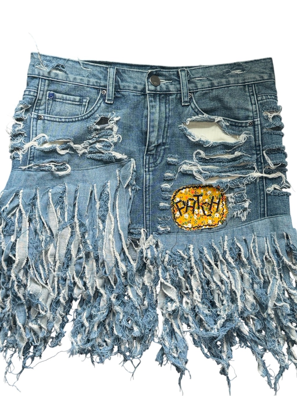Destroyed Denim Mini Skirt with Fringe
